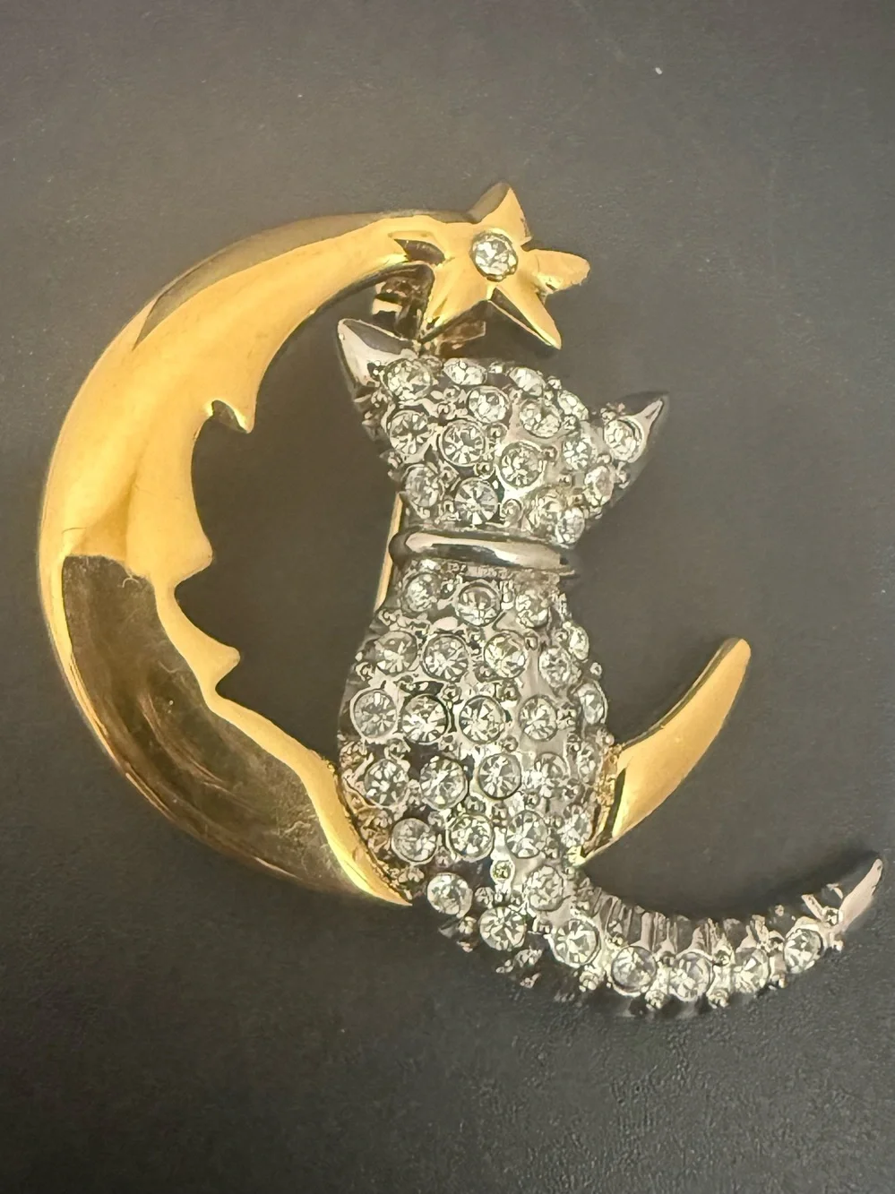 Vintage Unsigned Pave Crystal Cat Perched on Crescent Moon Brooch